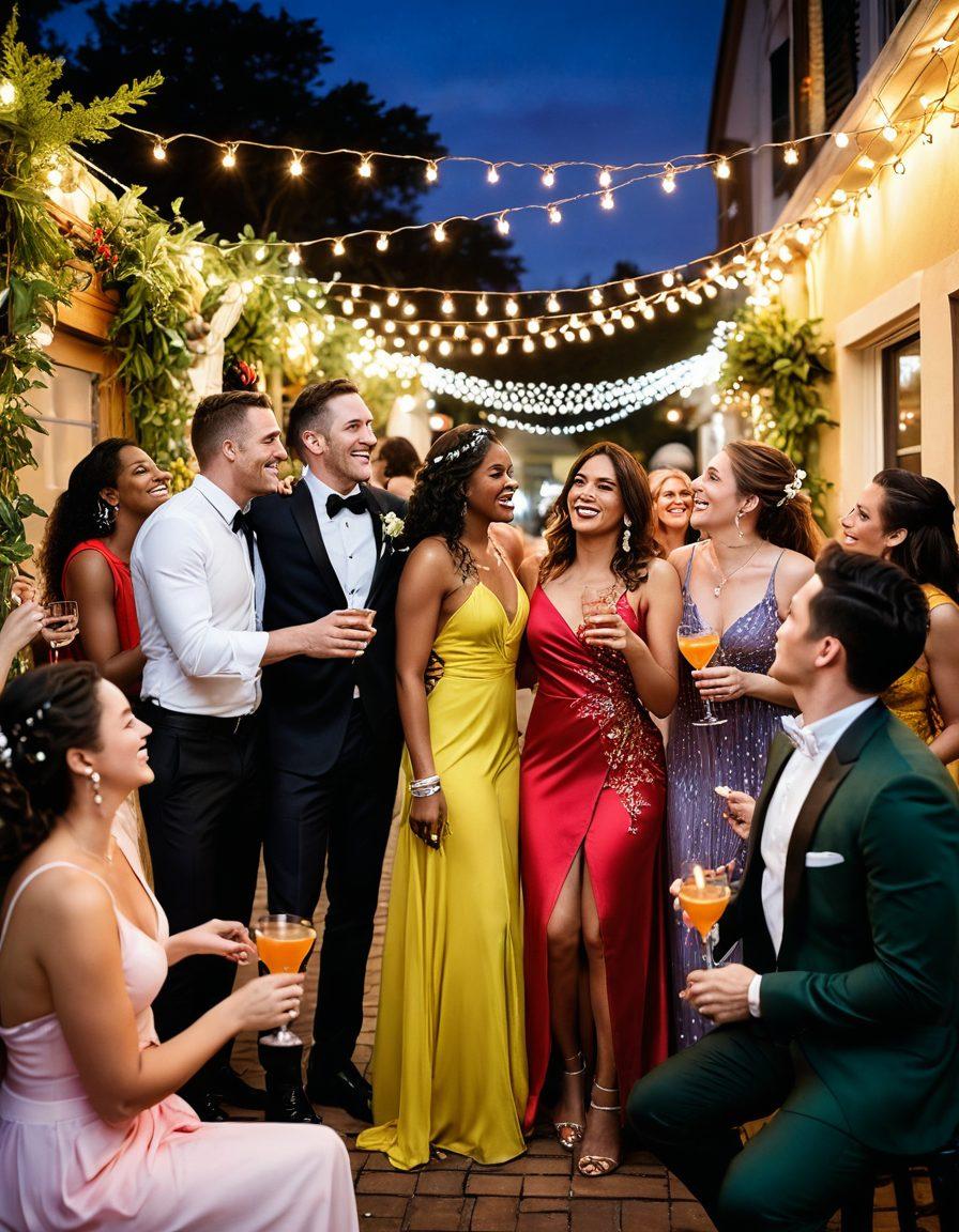 A vibrant night scene depicting a lively shemale gathering, featuring diverse individuals in colorful outfits, sharing joyful moments under twinkling fairy lights. Add a lively atmosphere with music notes in the air, cocktails in hand, and a backdrop of a beautifully decorated outdoor venue. Highlight inclusivity and celebration, with an emphasis on connection and community. super-realistic. vibrant colors. night scene.