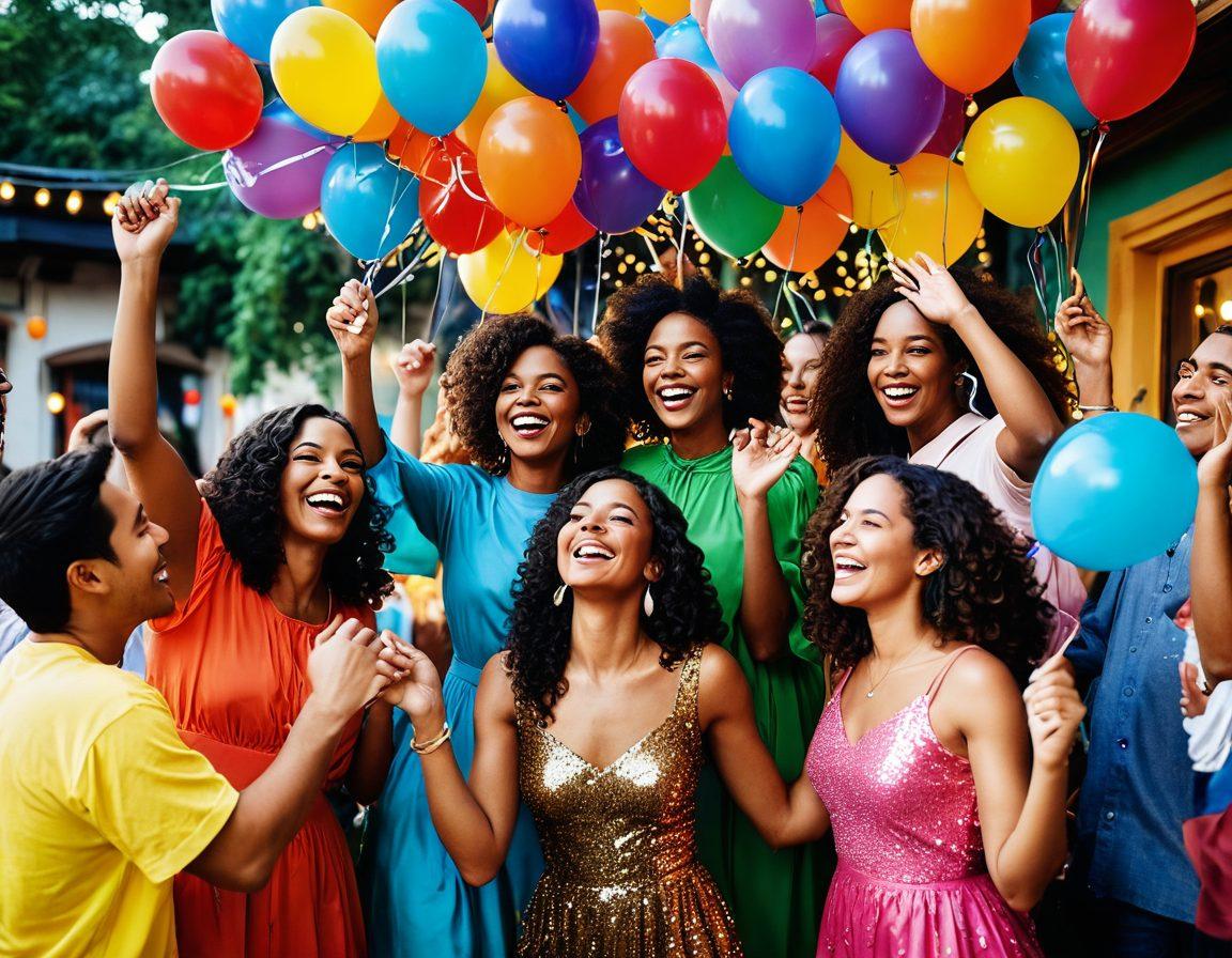 A lively scene featuring a vibrant party atmosphere with diverse people celebrating, adorned in colorful outfits and accessories, showcasing joy and inclusion. Include elements like balloons, glitter, and lights to enhance the festive mood. Add a diverse group of individuals interacting, with smiles and laughter to evoke a sense of community. Super-realistic. Vibrant colors. Festive background.